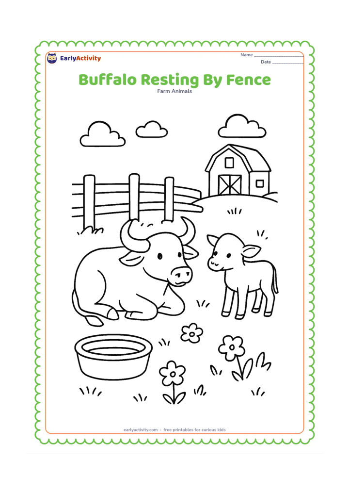 Colouring page: Draw a buffalo lying comfortably beside a wooden fence in a farm pasture. Add a calf standing nearby, flowering plants, a water trough and a distant barn.
