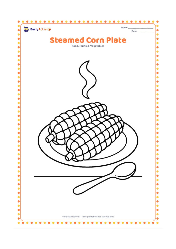 Colouring page: Draw a plate holding two corn cobs with visible kernels and a small curl of steam above them. Add a spoon and a simple table edge, with no words or symbols.
