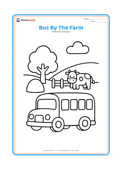 Colouring page: Draw a school bus passing a simple farm scene with a rounded haystack, a fence, one tree, and a small cow behind the fence. Keep the bus large and fully visible.