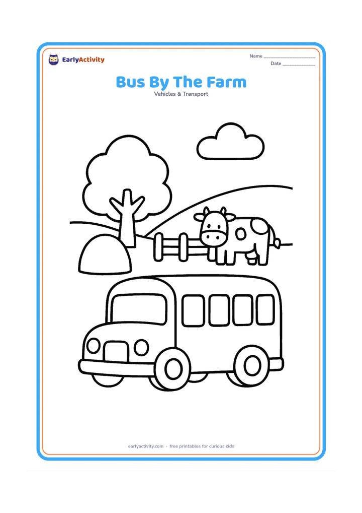 Colouring page: Draw a school bus passing a simple farm scene with a rounded haystack, a fence, one tree, and a small cow behind the fence. Keep the bus large and fully visible.