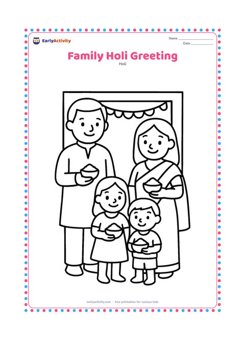Colouring page: Two adults and two children stand together, smiling and holding small bowls of gulal. Place them in front of a simple home entrance with a garland above the door.