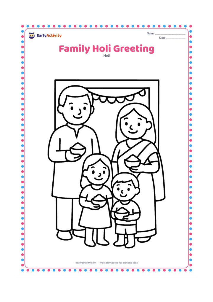 Colouring page: Two adults and two children stand together, smiling and holding small bowls of gulal. Place them in front of a simple home entrance with a garland above the door.