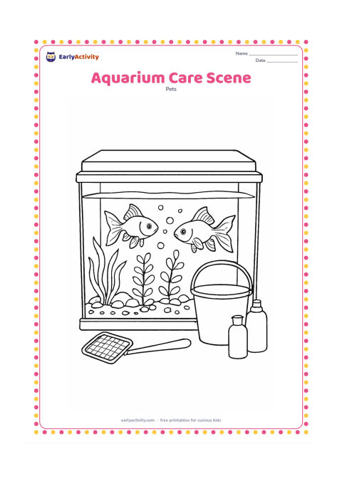 Colouring page: Draw a detailed home aquarium beside a small bucket, fish net and water-care items, with two goldfish swimming among plants, bubbles and gravel. Keep all care objects plain and…