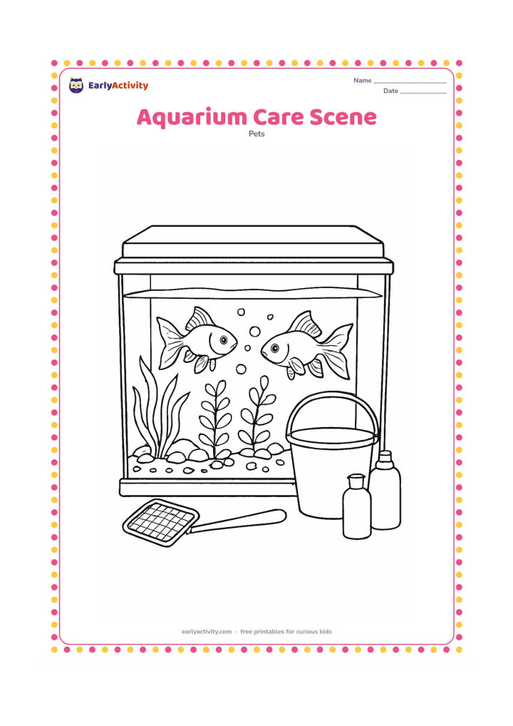 Colouring page: Draw a detailed home aquarium beside a small bucket, fish net and water-care items, with two goldfish swimming among plants, bubbles and gravel. Keep all care objects plain and…
