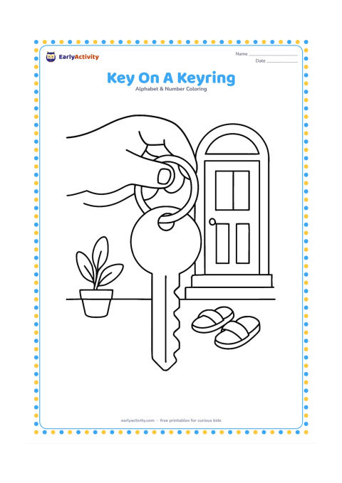 Colouring page: A large house key hangs from a round keyring held between a child's fingers. In the background, show a simple doorway, a small plant and a pair of sandals.