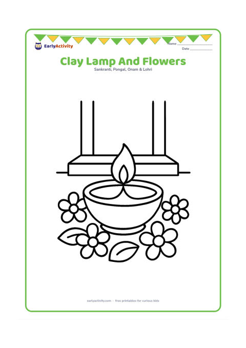 Colouring page: Draw one round clay lamp surrounded by four large flowers and two leaves on the floor near a home entrance. Add a simple doorway and a step behind the arrangement.