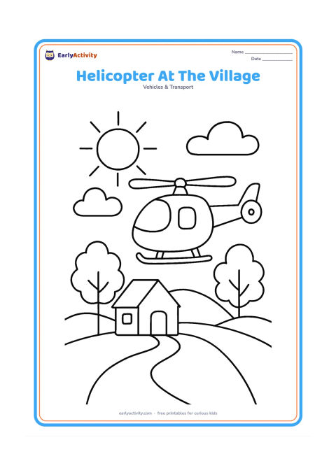 Colouring page: Draw a helicopter flying over a quiet village with a small house, two trees, a path and low hills. Include a large sun and simple clouds behind it.
