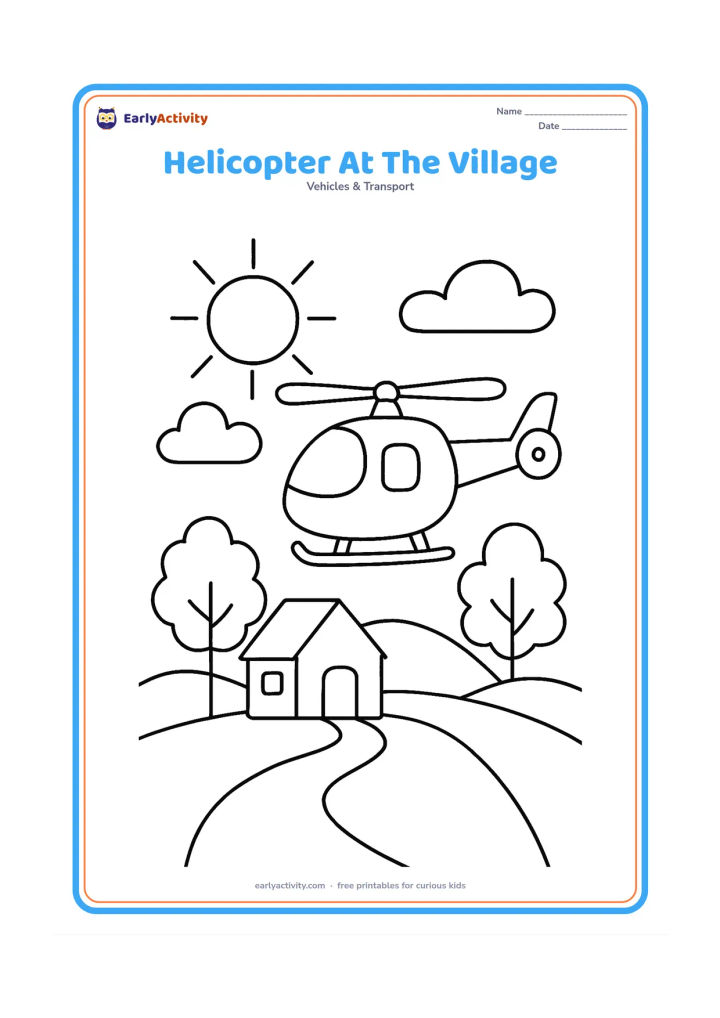 Colouring page: Draw a helicopter flying over a quiet village with a small house, two trees, a path and low hills. Include a large sun and simple clouds behind it.