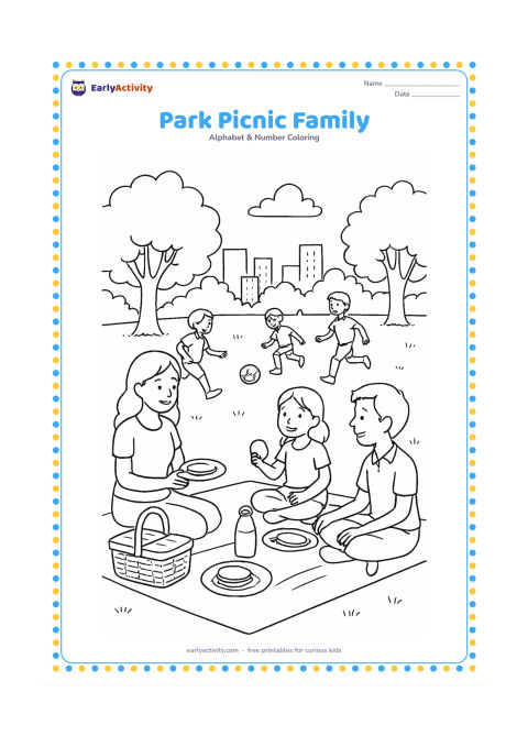 Colouring page: Draw a family having a relaxed picnic on a mat in an Indian city park, with a picnic basket, plates, a water bottle, trees and children playing with a ball nearby. Show different seated…