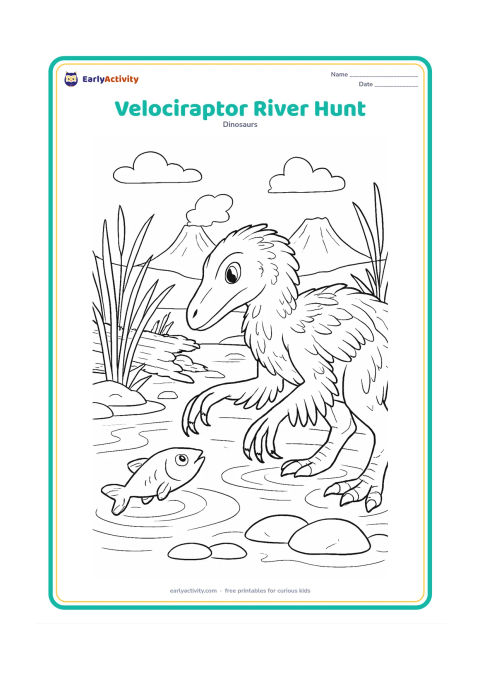 Colouring page: A feathered velociraptor carefully reaches toward a fish in a shallow prehistoric river, with its raised foot showing the large curved claw, reeds, a fallen tree, ripples, rocks, and…