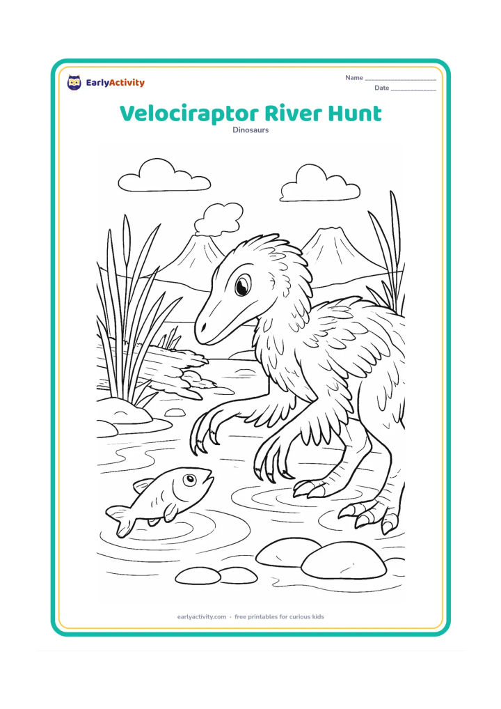 Colouring page: A feathered velociraptor carefully reaches toward a fish in a shallow prehistoric river, with its raised foot showing the large curved claw, reeds, a fallen tree, ripples, rocks, and…