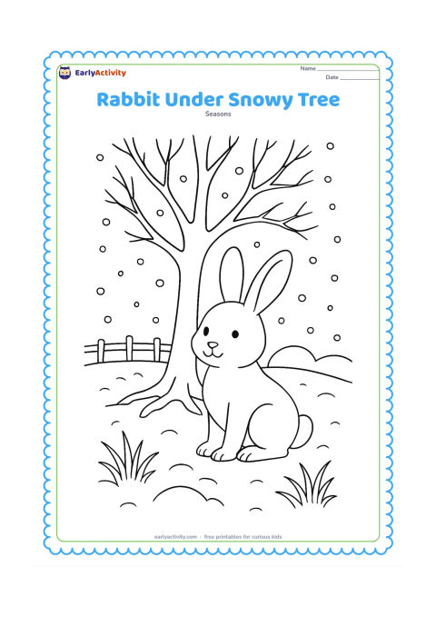 Colouring page: A friendly rabbit sits beneath a bare tree while light snow falls around it. Add exposed roots, a few winter grasses, a distant fence and rounded snowdrifts.