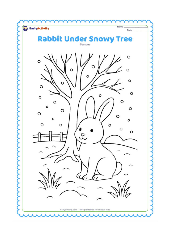 Colouring page: A friendly rabbit sits beneath a bare tree while light snow falls around it. Add exposed roots, a few winter grasses, a distant fence and rounded snowdrifts.