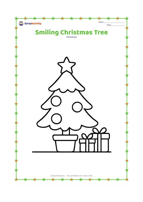 Colouring page: A cheerful Christmas tree stands in a pot with three large round ornaments, a star on top and two wrapped gifts beside it. Keep the composition centered with plenty of open space around…