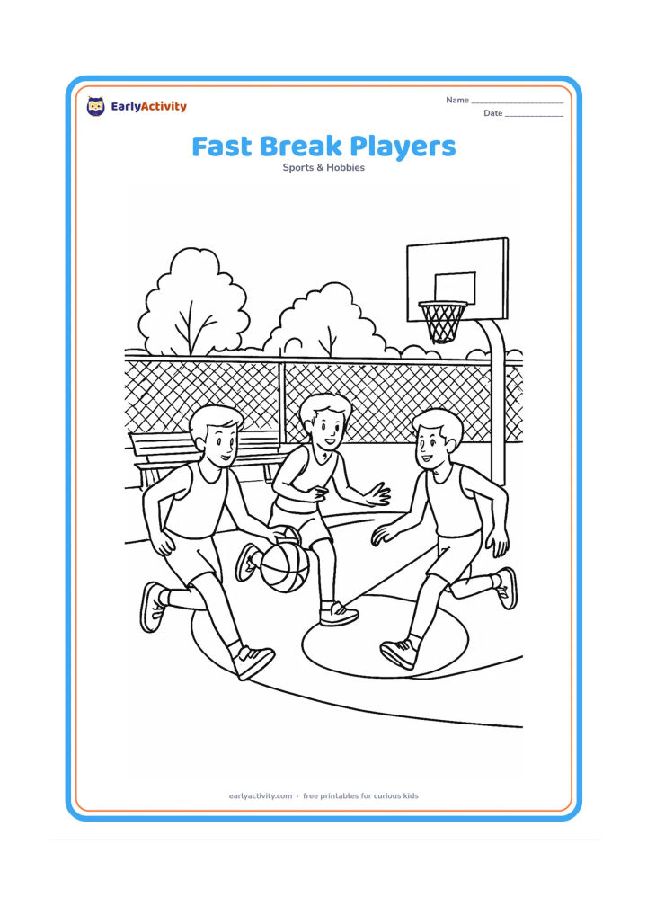 Colouring page: Three players run toward a hoop during a fast break, with one dribbling, one passing, and one moving ahead for a shot. Include court lines, benches, a fence, and distant trees.