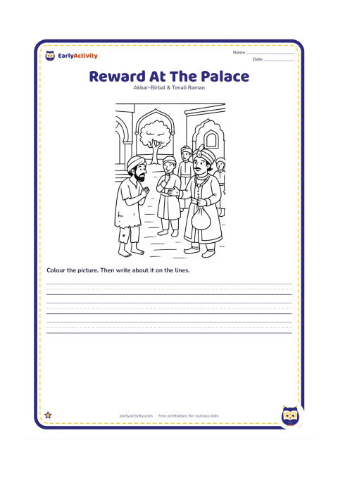Printable: Show the poor man arriving at a palace courtyard with Akbar, Birbal and a small group of attendants. Akbar gestures toward a reward pouch while Birbal studies the scene thoughtfully.