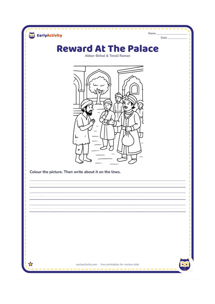 Printable: Show the poor man arriving at a palace courtyard with Akbar, Birbal and a small group of attendants. Akbar gestures toward a reward pouch while Birbal studies the scene thoughtfully.
