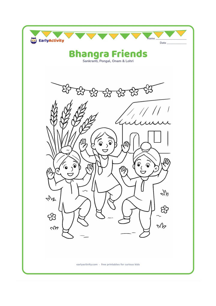Colouring page: Three children dance bhangra in different poses, with raised arms, bent knees and joyful faces. Place them in front of wheat sheaves, small flower garlands and a village courtyard.