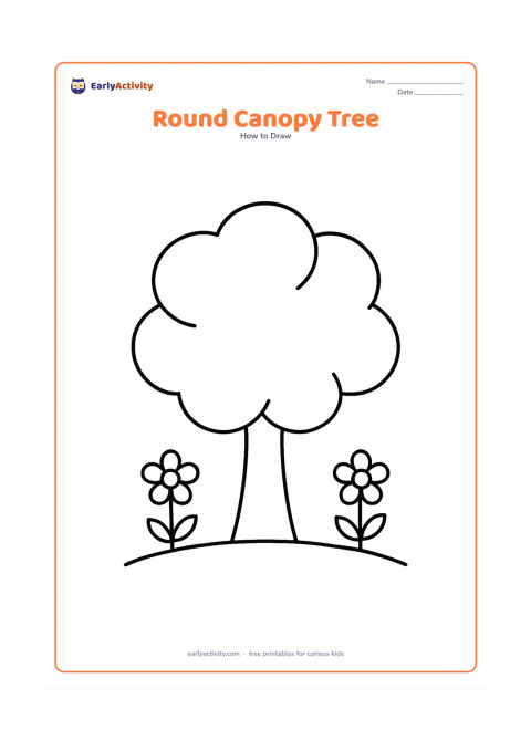 Worksheet: Show a tree made from a straight trunk and several large overlapping circles forming a round canopy. Add two simple flowers and a curved ground line beneath the tree.
