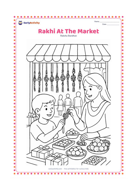 Colouring page: A child and parent choose a rakhi from a festive Indian market stall displaying many different rakhis, gift boxes, flower garlands, and bowls of sweets. Show a striped canopy and other…