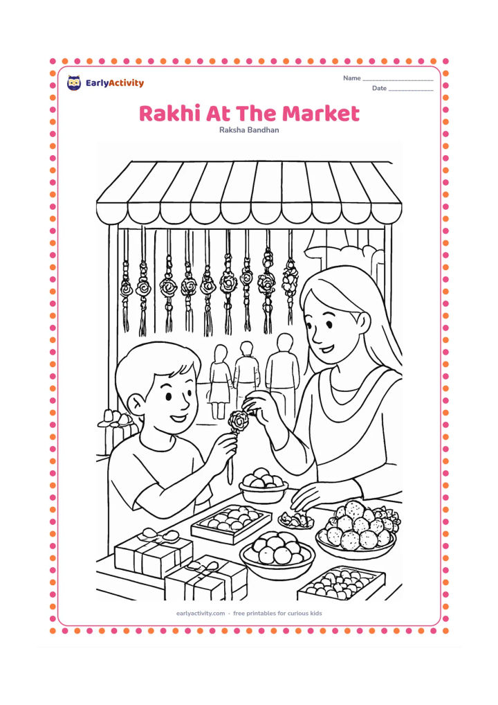 Colouring page: A child and parent choose a rakhi from a festive Indian market stall displaying many different rakhis, gift boxes, flower garlands, and bowls of sweets. Show a striped canopy and other…