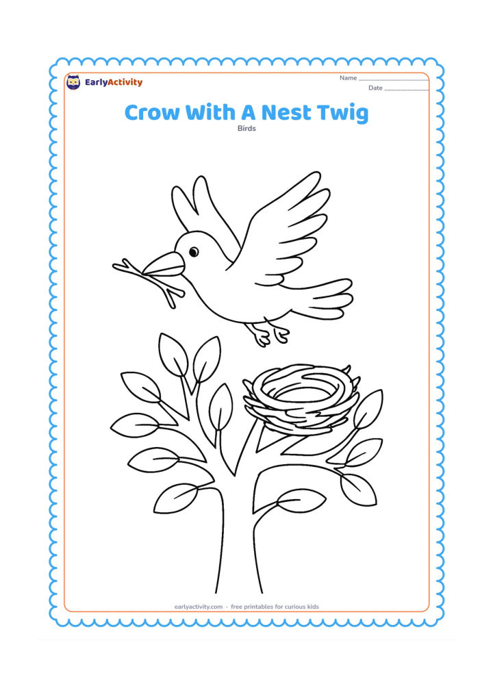 Colouring page: A crow flies above a tree carrying a twig, while a partially built nest rests on a higher branch below.