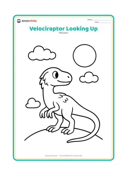 Colouring page: A feathered velociraptor stands on a small hill and looks up at a large round sun with a few puffy clouds. Its tail curves gently along the ground.