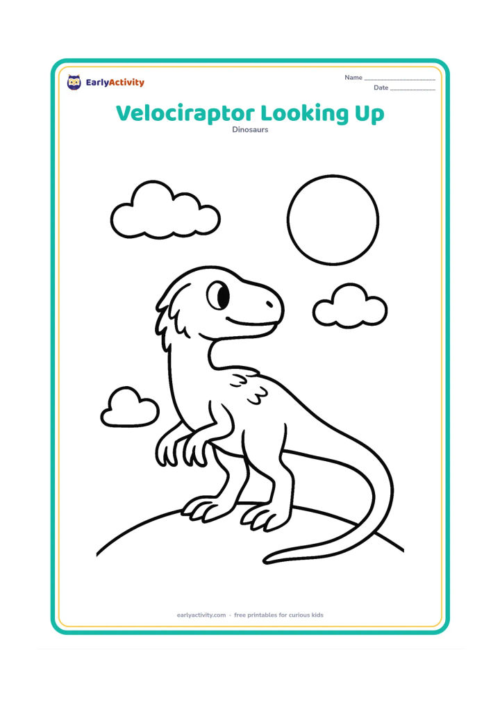 Colouring page: A feathered velociraptor stands on a small hill and looks up at a large round sun with a few puffy clouds. Its tail curves gently along the ground.