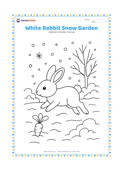 Colouring page: Draw a white rabbit hopping across a snowy garden toward a carrot, with bare branches, snow-covered bushes, and soft falling snow. Show the rabbit in a side-view action pose.