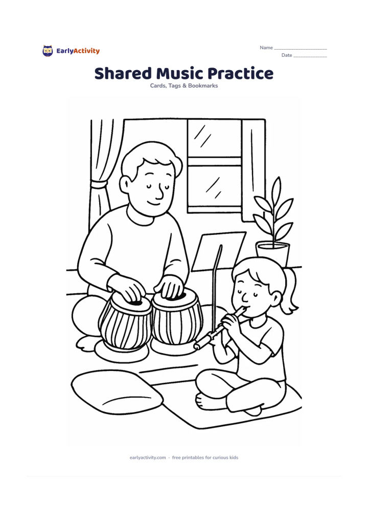 Worksheet: Draw a father and child practising music together in a room, with the adult playing a tabla and the child holding a small flute. Add cushions, a window, a plant and a blank music stand…