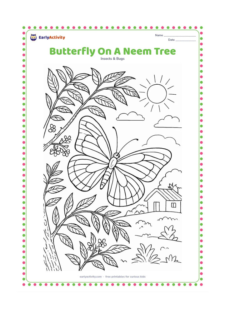Colouring page: Draw a butterfly perched on a neem tree branch with clusters of small leaves, textured bark, a few flowers, and a sunny Indian village garden beyond. Show the butterfly's six legs,…