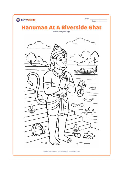 Colouring page: Hanuman stands respectfully at an Indian riverside ghat with folded hands, his gada beside him and a small flower offering in his other hand. Include broad steps, diyas, lotus leaves, a…