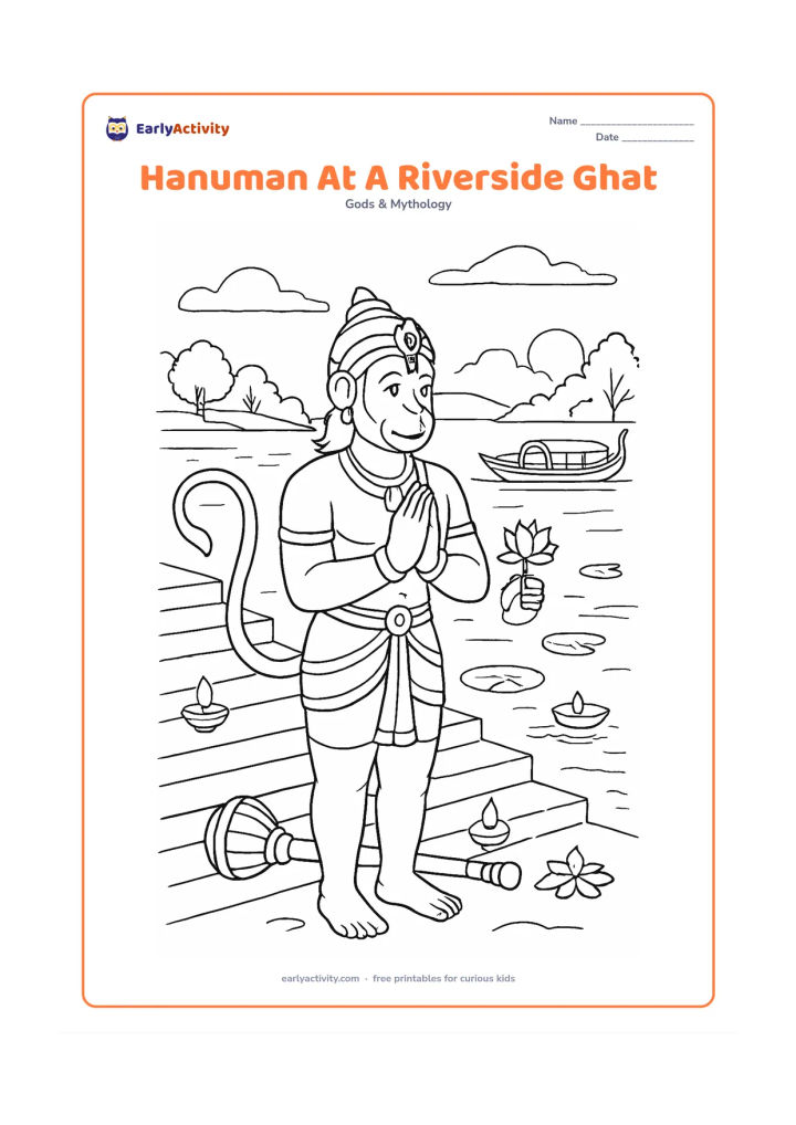 Colouring page: Hanuman stands respectfully at an Indian riverside ghat with folded hands, his gada beside him and a small flower offering in his other hand. Include broad steps, diyas, lotus leaves, a…