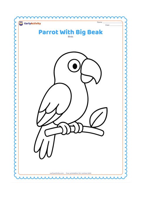 Colouring page: Draw a friendly side-view parrot with an especially clear curved beak, rounded head, wing, feet, and tail. Place it on a short branch with one large leaf.