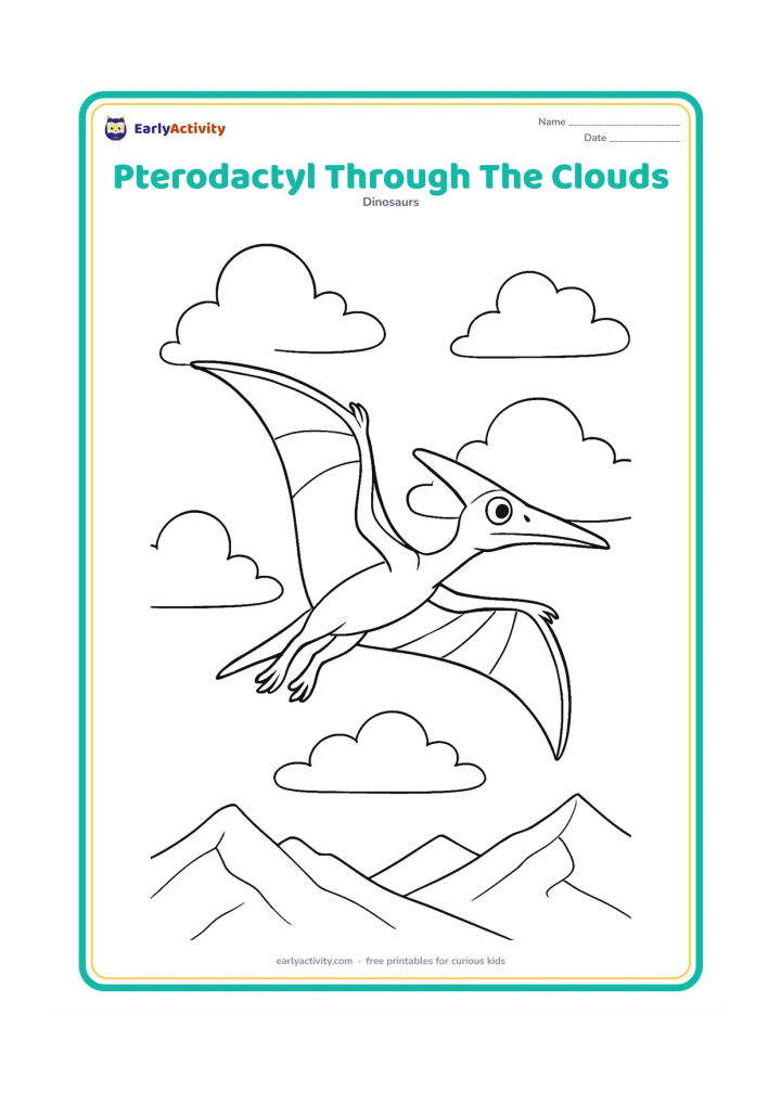 Colouring page: Draw a pterodactyl banking through several layered clouds, with one wing closer to the viewer and a distant mountain ridge below. Add clear feather-like membrane divisions without tiny…