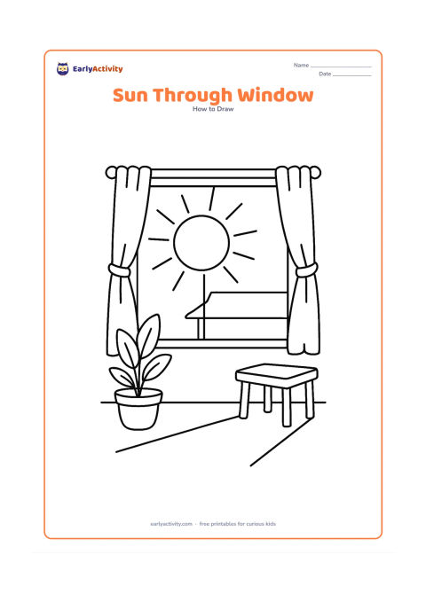 Worksheet: Show a round morning sun outside a window, with rays entering a simple room and forming a bright patch on the floor. Include a potted plant, a small table and curtains, with a low…