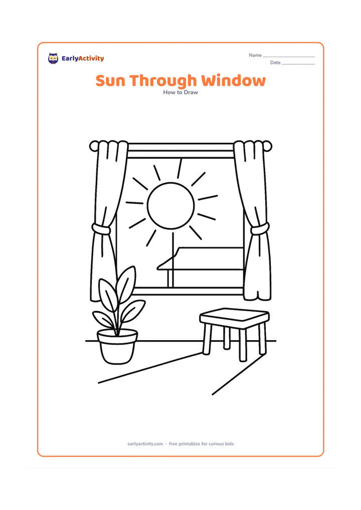 Worksheet: Show a round morning sun outside a window, with rays entering a simple room and forming a bright patch on the floor. Include a potted plant, a small table and curtains, with a low…
