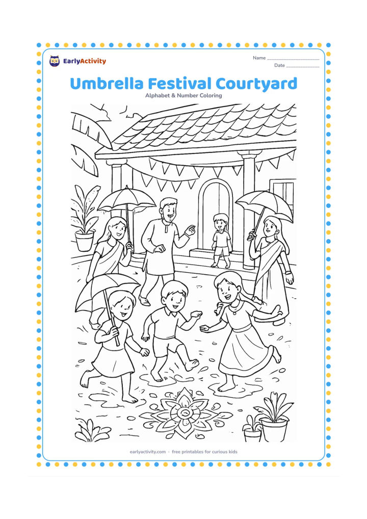 Colouring page: Draw a lively Indian courtyard after a shower, with families carrying umbrellas, children splashing lightly in puddles, potted plants, bunting without writing, a rangoli pattern and a…