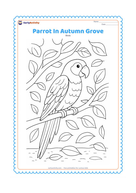 Colouring page: Draw a parrot perched among branches with a mixture of broad fresh leaves and falling leaves, plus a textured but open ground area below. Show detailed wing and tail feather divisions.