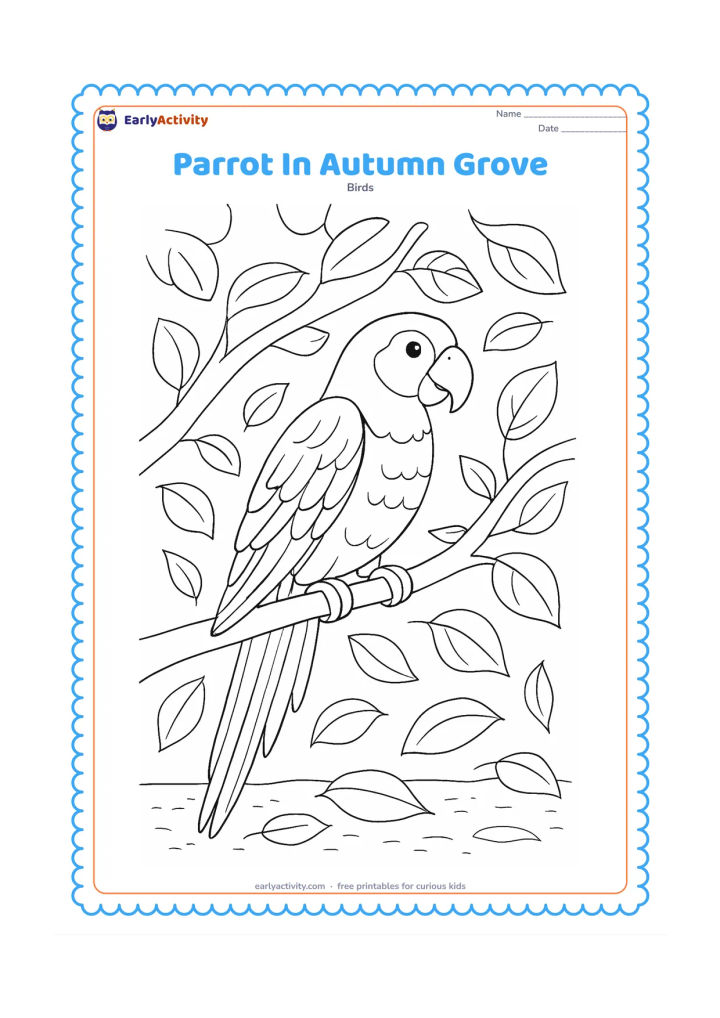 Colouring page: Draw a parrot perched among branches with a mixture of broad fresh leaves and falling leaves, plus a textured but open ground area below. Show detailed wing and tail feather divisions.
