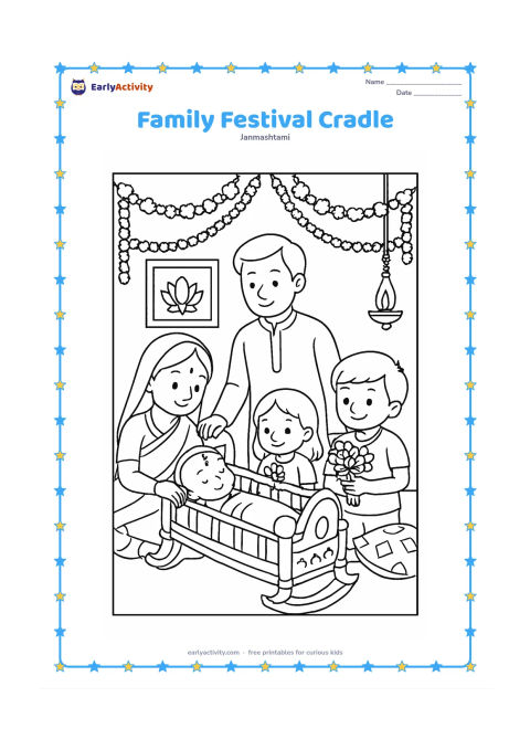 Colouring page: Draw a family gathered around a baby Krishna cradle in a decorated room, with one adult gently rocking it and two children holding flowers. Add cushions, garlands, and a small lamp.