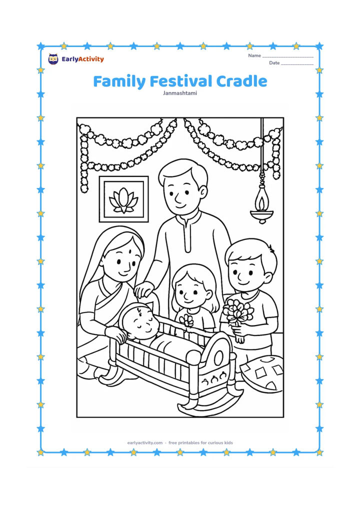 Colouring page: Draw a family gathered around a baby Krishna cradle in a decorated room, with one adult gently rocking it and two children holding flowers. Add cushions, garlands, and a small lamp.
