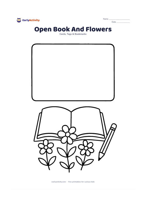 Worksheet: An open book rests in the centre with flowers growing around its lower edge, while a large blank writing panel occupies the upper portion of the card. Include a simple pencil lying…