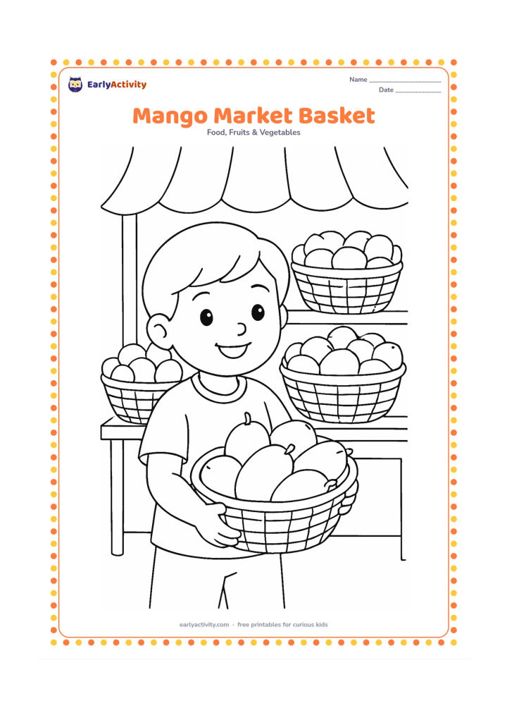 Colouring page: Draw a child holding a basket of mangoes at an Indian fruit market, with stacked baskets and a simple fabric canopy in the background.
