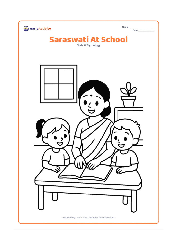 Colouring page: Saraswati sits at a low classroom table with two smiling children, guiding them toward a blank open book. Include a simple window, a low shelf, and one potted plant without any labels or…
