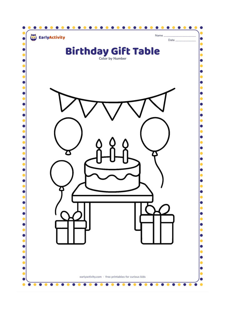 Colouring page: Draw a small table holding a round cake with candles, surrounded by three balloons and two wrapped gifts. Add a simple bunting strand across the background.