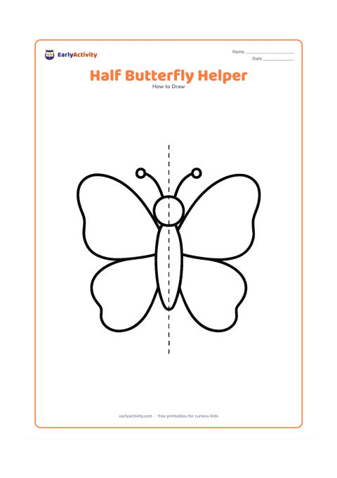 Worksheet: Show a vertical centre line and a complete butterfly with one side presented as a simple matching guide for the other side. Include large paired wings, a body, head and antennae, with no…