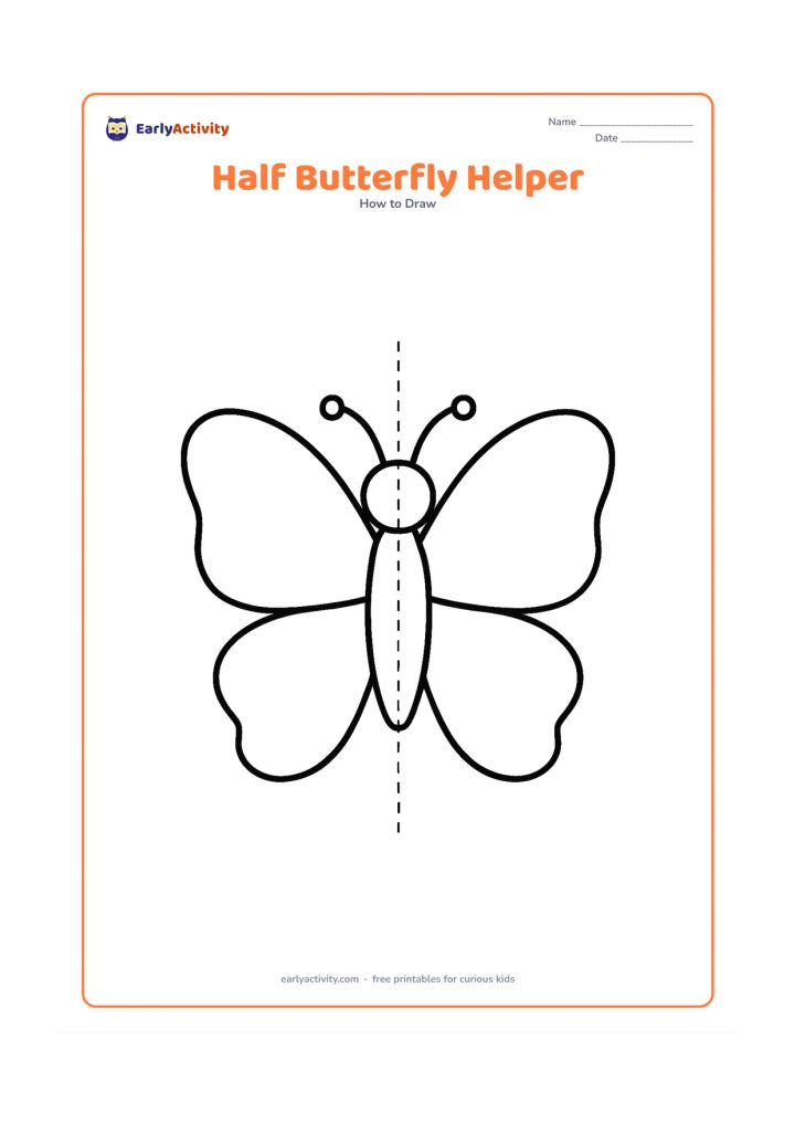Worksheet: Show a vertical centre line and a complete butterfly with one side presented as a simple matching guide for the other side. Include large paired wings, a body, head and antennae, with no…