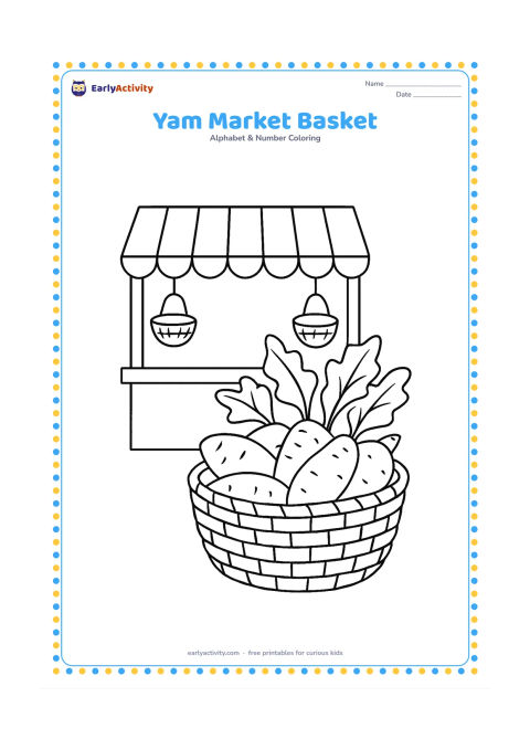 Colouring page: Draw a woven market basket filled with yams and leafy tops, resting beside a simple Indian vegetable stall with an awning and two hanging baskets.