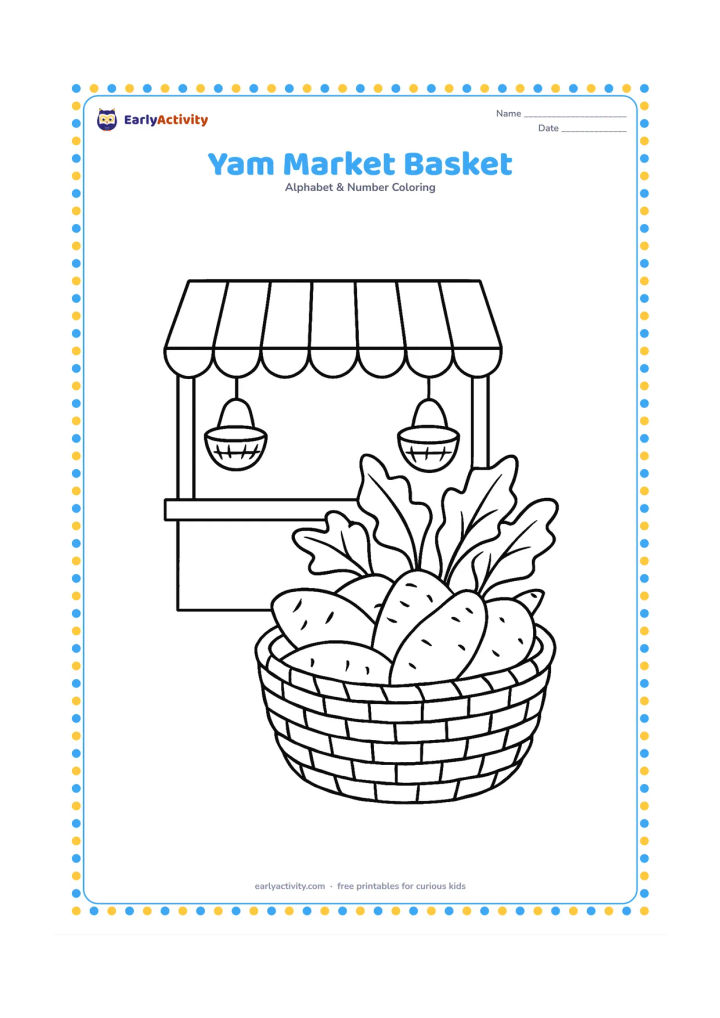 Colouring page: Draw a woven market basket filled with yams and leafy tops, resting beside a simple Indian vegetable stall with an awning and two hanging baskets.